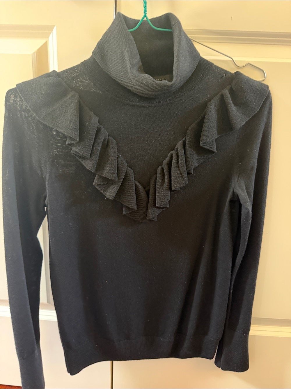 J. Crew Black Ruffle-Detail merino Turtleneck Sweater